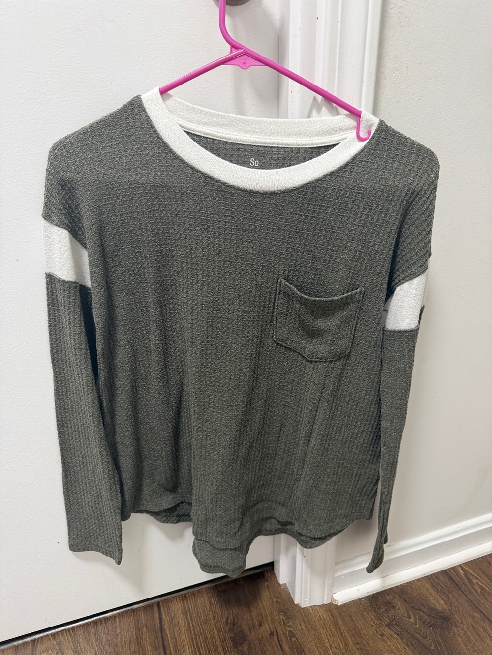 SO Olive Green Waffle-Knit Long Sleeve Top with White Trim